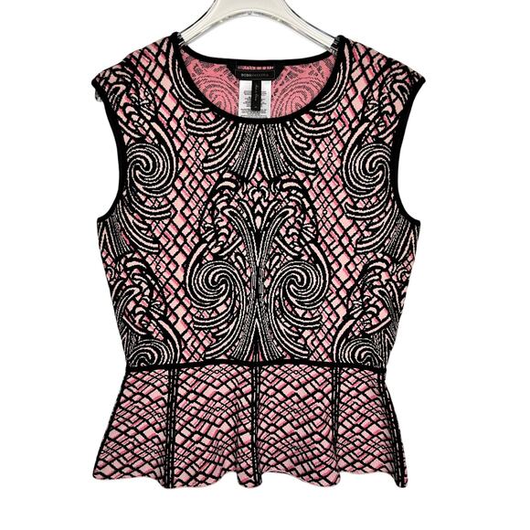 BCBGMaxAzria Baroque Jacquard Black & Pink Knit Peplum Top Medium - Picture 1 of 4
